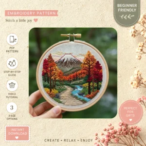 Main preview of pine moon nature inspired hand embroidery pattern showing landscape, forest, tree, nature, and moon in a hand stitched hoop art design