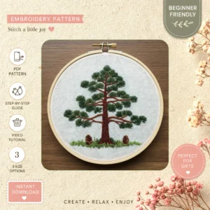 Main preview of pine tree serene nature hand embroidery pattern showing tree and nature in a hand stitched hoop art design
