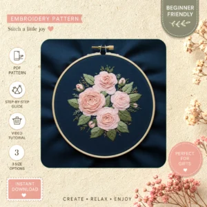 Main preview of pink floral nature inspired hand embroidery pattern showing flowers, floral, roses, leaves, and nature in a hand stitched hoop art design
