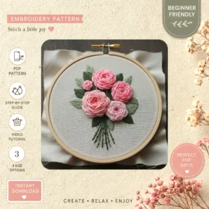 Main preview of pink floral nature inspired those hand embroidery pattern showing floral and nature in a hand stitched hoop art design