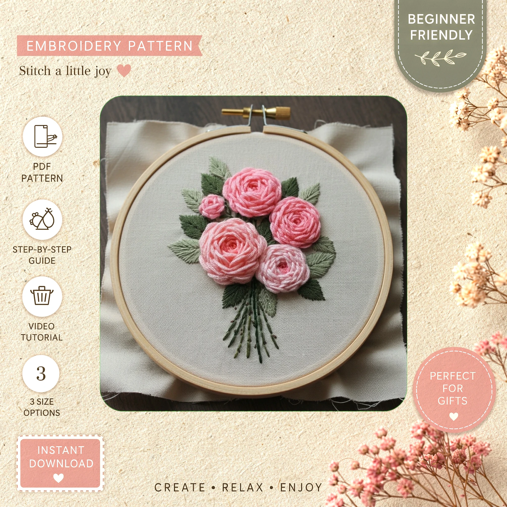 Main preview of pink floral nature inspired those hand embroidery pattern showing floral and nature in a hand stitched hoop art design