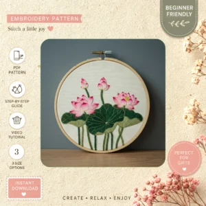 Main preview of pink flower lily pad hand embroidery pattern showing flower, flowers, lily, nature, and home in a hand stitched hoop art design
