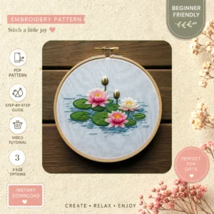 Main preview of pink lily pad serene hand embroidery pattern showing lily, nature, and home in a hand stitched hoop art design
