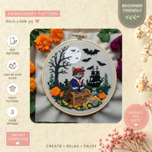 Main preview of pirate cat's treasure adventure hand embroidery pattern showing cat in a hand stitched hoop art design