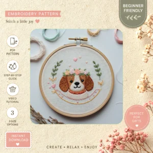 Main preview of playful pup dog flower hand embroidery pattern showing dog, flower, and floral in a hand stitched hoop art design