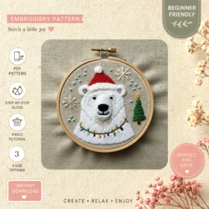 Main preview of polar bear christmas tree hand embroidery pattern showing bear, tree, and nature in a hand stitched hoop art design