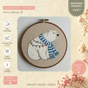 Main preview of polar bear scarf embroidered hand embroidery pattern showing bear in a hand stitched hoop art design