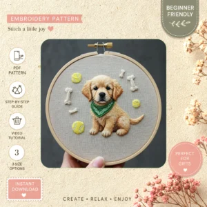 Main preview of puppy balls bones tennis hand embroidery pattern showing puppy balls bones tennis in a hand stitched hoop art design