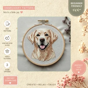Main preview of puppy cute canine adorable hand embroidery pattern showing dog and home in a hand stitched hoop art design
