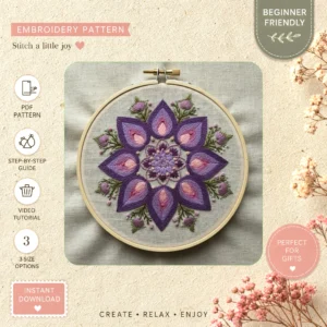 Main preview of purple floral celebrate captivating hand embroidery pattern showing flower, flowers, floral, and leaves in a hand stitched hoop art design