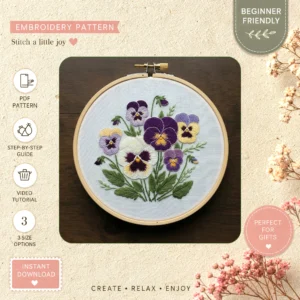 Main preview of purple flower nature inspired hand embroidery pattern showing flower, flowers, bouquet, leaves, and nature in a hand stitched hoop art design