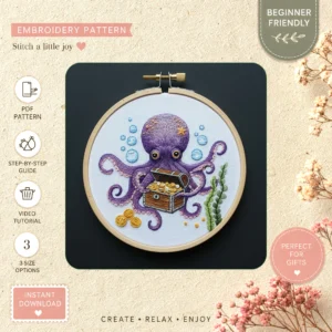 Main preview of purple octopus treasure chest hand embroidery pattern showing octopus, fish, and ocean in a hand stitched hoop art design