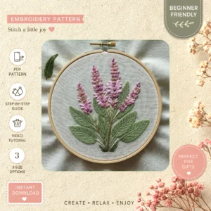 Main preview of purple pansy flower embrace hand embroidery pattern showing flower, floral, pansy, nature, and home in a hand stitched hoop art design