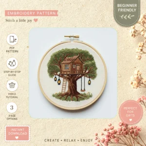 Main preview of quaint treehouse birds crafting hand embroidery pattern showing birds and nature in a hand stitched hoop art design