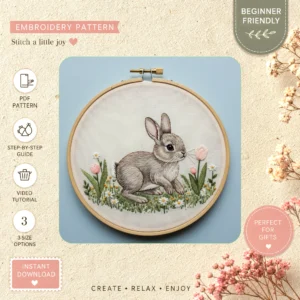 Main preview of rabbit flower easter bunny hand embroidery pattern showing rabbit, bunny, flower, flowers, and field in a hand stitched hoop art design