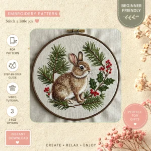 Main preview of rabbit holly festive christmas hand embroidery pattern showing rabbit and home in a hand stitched hoop art design