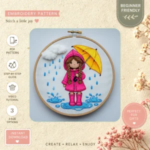 Main preview of rainy day cute girl hand embroidery pattern showing flowers in a hand stitched hoop art design