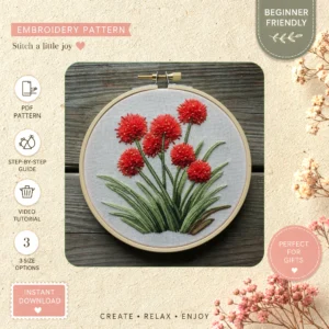 Main preview of red flower vibrant nature hand embroidery pattern showing flower, floral, and nature in a hand stitched hoop art design