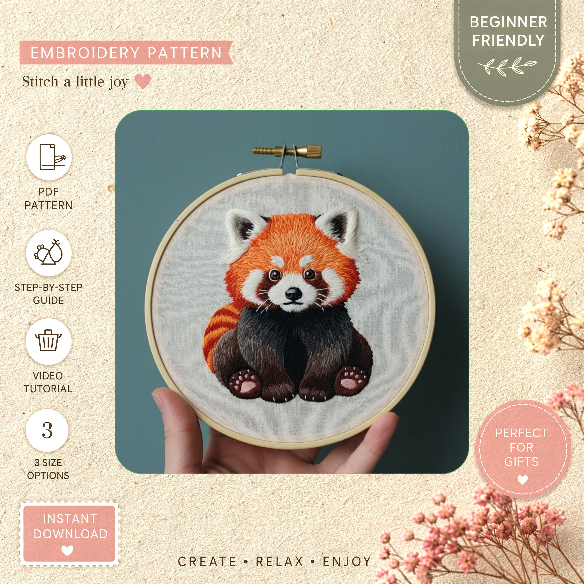 Main preview of red panda delicate stuffed hand embroidery pattern showing panda in a hand stitched hoop art design
