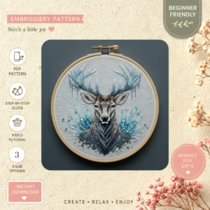 Main preview of reindeer magical winter embark hand embroidery pattern showing trees and sky in a hand stitched hoop art design