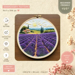 Main preview of rural charm peaceful lavender hand embroidery pattern showing lavender, hills, fields, and nature in a hand stitched hoop art design