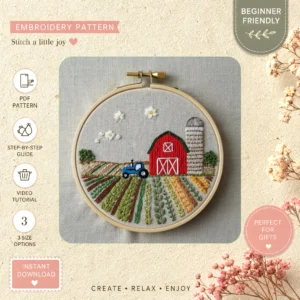 Main preview of rural farm pastoral nature hand embroidery pattern showing flowers, fields, and nature in a hand stitched hoop art design