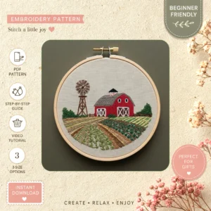 Main preview of rural farmhouse barn red hand embroidery pattern showing rural farmhouse barn red in a hand stitched hoop art design