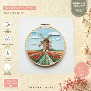 Main preview of rural life scenic windmill hand embroidery pattern showing flowers, fields, and nature in a hand stitched hoop art design