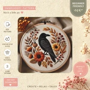 Main preview of rustic bird cottage nature hand embroidery pattern showing bird, flowers, cottage, and nature in a hand stitched hoop art design