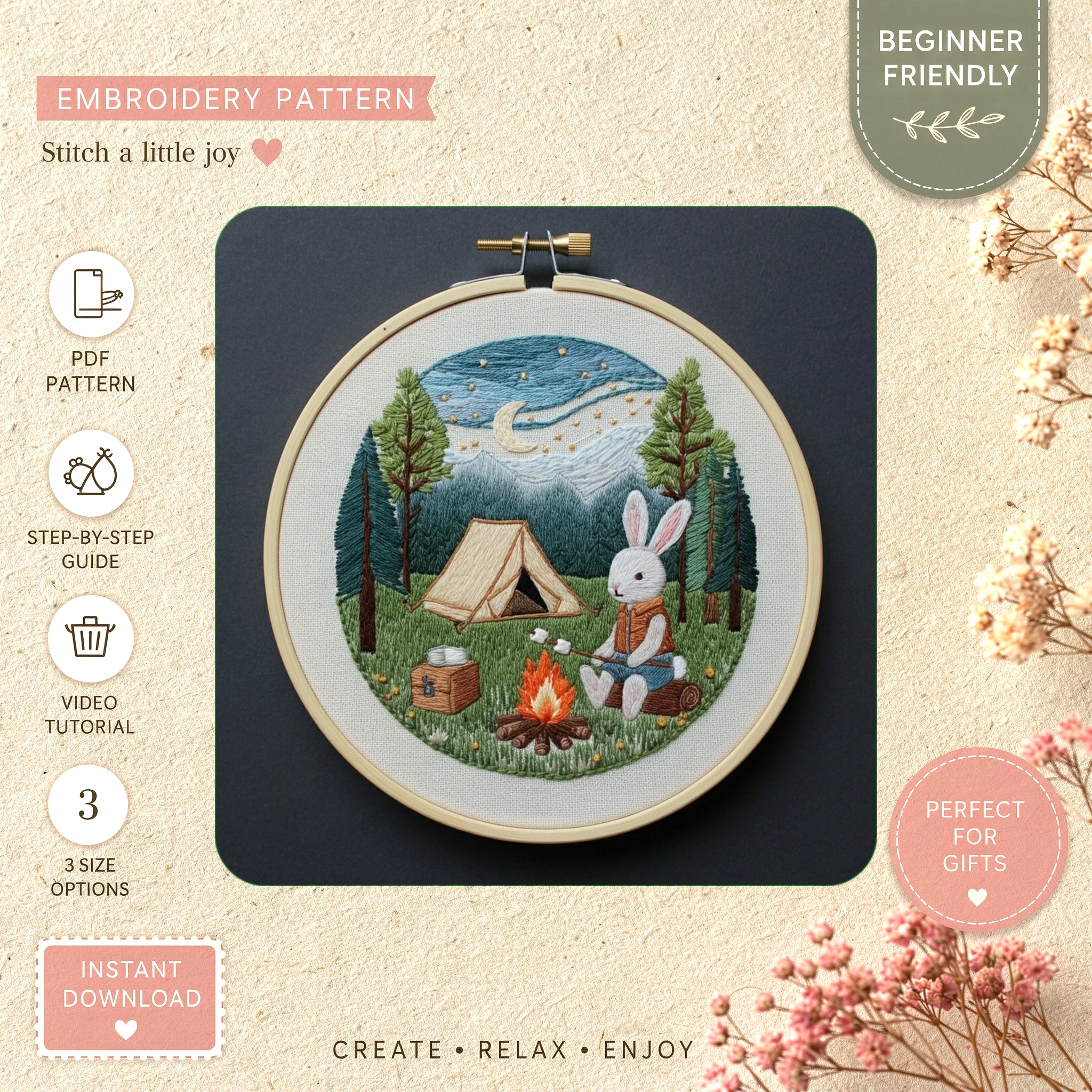 Main preview of rustic campfire cozy forest hand embroidery pattern showing bunny, forest, nature, and home in a hand stitched hoop art design
