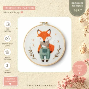 Main preview of rustic fox cottage setting hand embroidery pattern showing fox and cottage in a hand stitched hoop art design