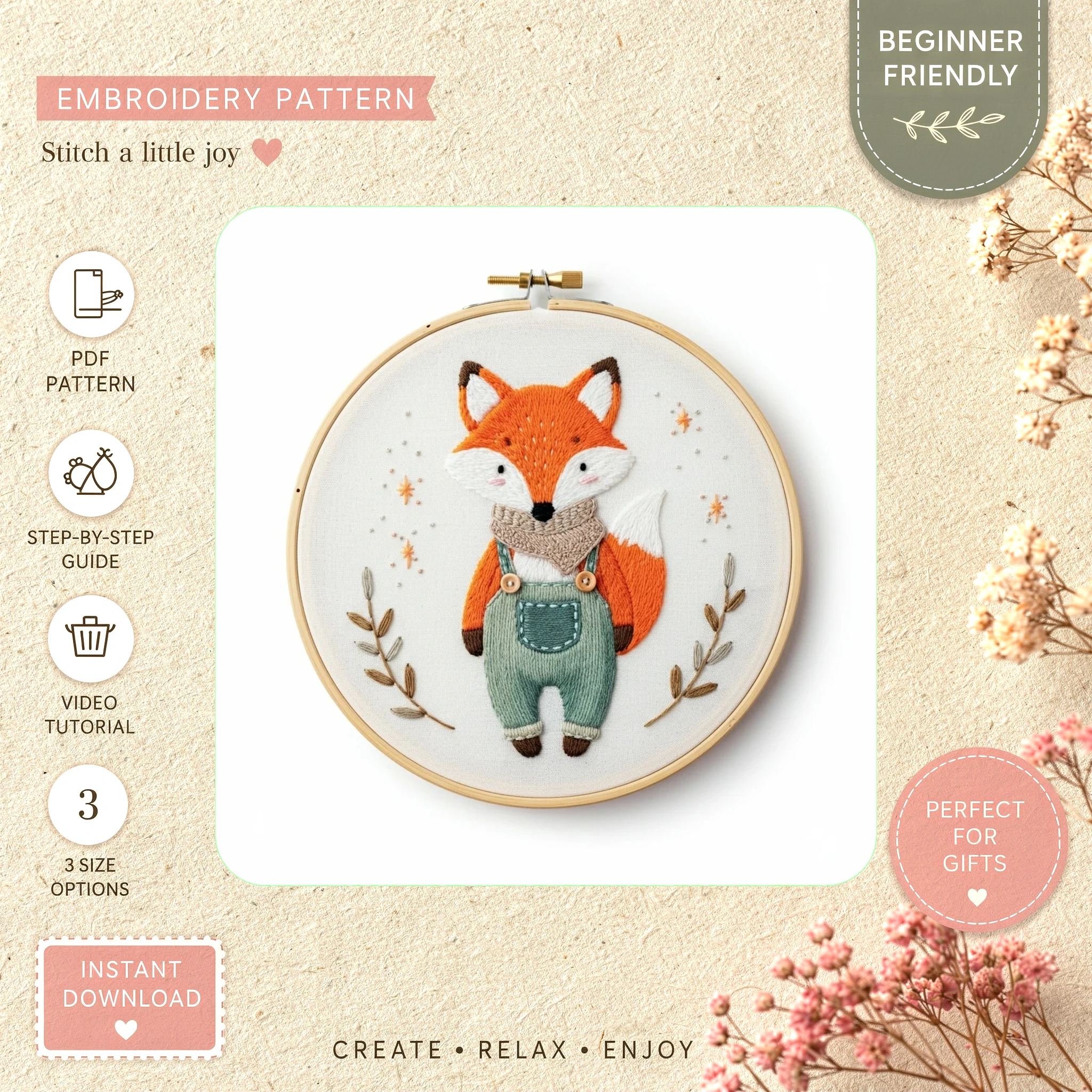 Main preview of rustic fox cottage setting hand embroidery pattern showing fox and cottage in a hand stitched hoop art design