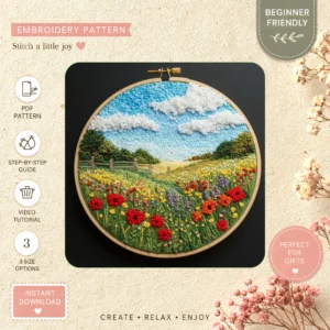 Main preview of rustic ranch peaceful flowers hand embroidery pattern showing flowers, landscape, field, and home in a hand stitched hoop art design