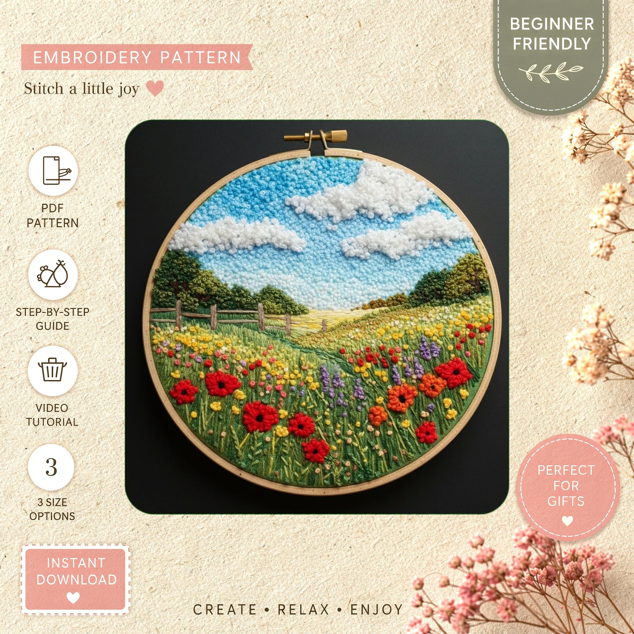 Main preview of rustic ranch peaceful flowers hand embroidery pattern showing flowers, landscape, field, and home in a hand stitched hoop art design