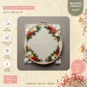 Main preview of rustic wreath cozy seasonal hand embroidery pattern showing flowers, wreath, nature, and home in a hand stitched hoop art design