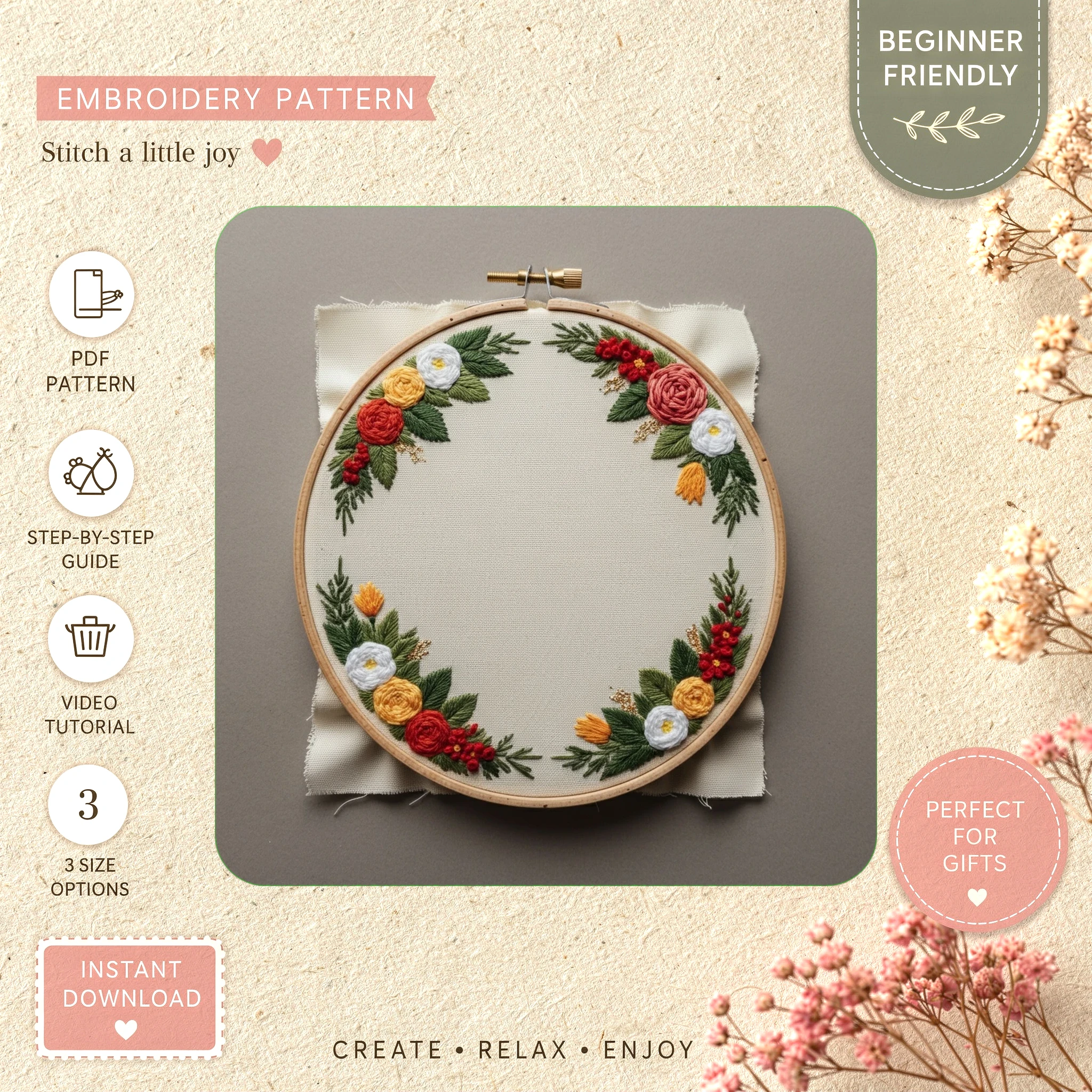 Main preview of rustic wreath cozy seasonal hand embroidery pattern showing flowers, wreath, nature, and home in a hand stitched hoop art design