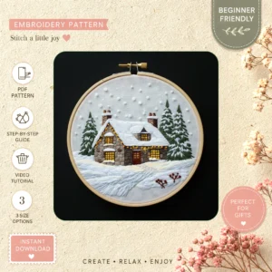 Main preview of santa's house christmas festive hand embroidery pattern showing trees and house in a hand stitched hoop art design