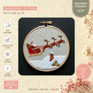 Main preview of santa's sleigh cozy winter hand embroidery pattern showing house in a hand stitched hoop art design