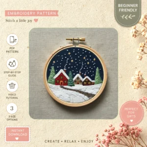 Main preview of santa's sleigh cozy winter stitches hand embroidery pattern showing cottage and sky in a hand stitched hoop art design