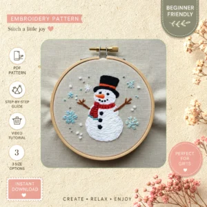 Main preview of santa snowman festive winter hand embroidery pattern showing stars and home in a hand stitched hoop art design