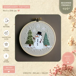 Main preview of santa snowman winter magic hand embroidery pattern showing tree and home in a hand stitched hoop art design