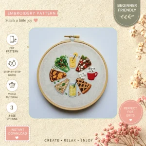 Main preview of savor picnic pie chart hand embroidery pattern showing savor picnic pie chart in a hand stitched hoop art design