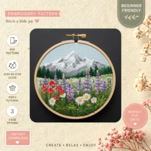 Main preview of scenic mountain meadow wildflowers hand embroidery pattern showing birds, deer, wildflowers, mountain, and mountains in a hand stitched hoop art design