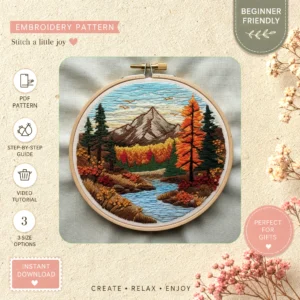Main preview of scenic mountains meadow nature's hand embroidery pattern showing flowers, mountain, mountains, landscape, and trees in a hand stitched hoop art design