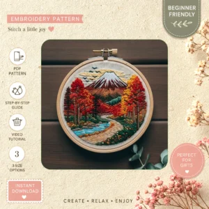 Main preview of scenic mountains meadow nature's serene hand embroidery pattern showing birds, deer, wildflowers, mountain, and mountains in a hand stitched hoop art design