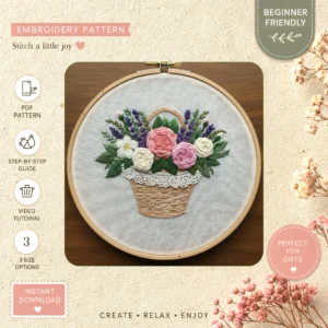 Main preview of scenic pastoral flower basket hand embroidery pattern showing flower, flowers, floral, roses, and nature in a hand stitched hoop art design
