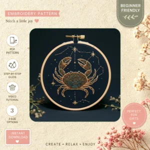 Main preview of scorpio star mandala astrological hand embroidery pattern showing sky, moon, crescent, star, and stars in a hand stitched hoop art design