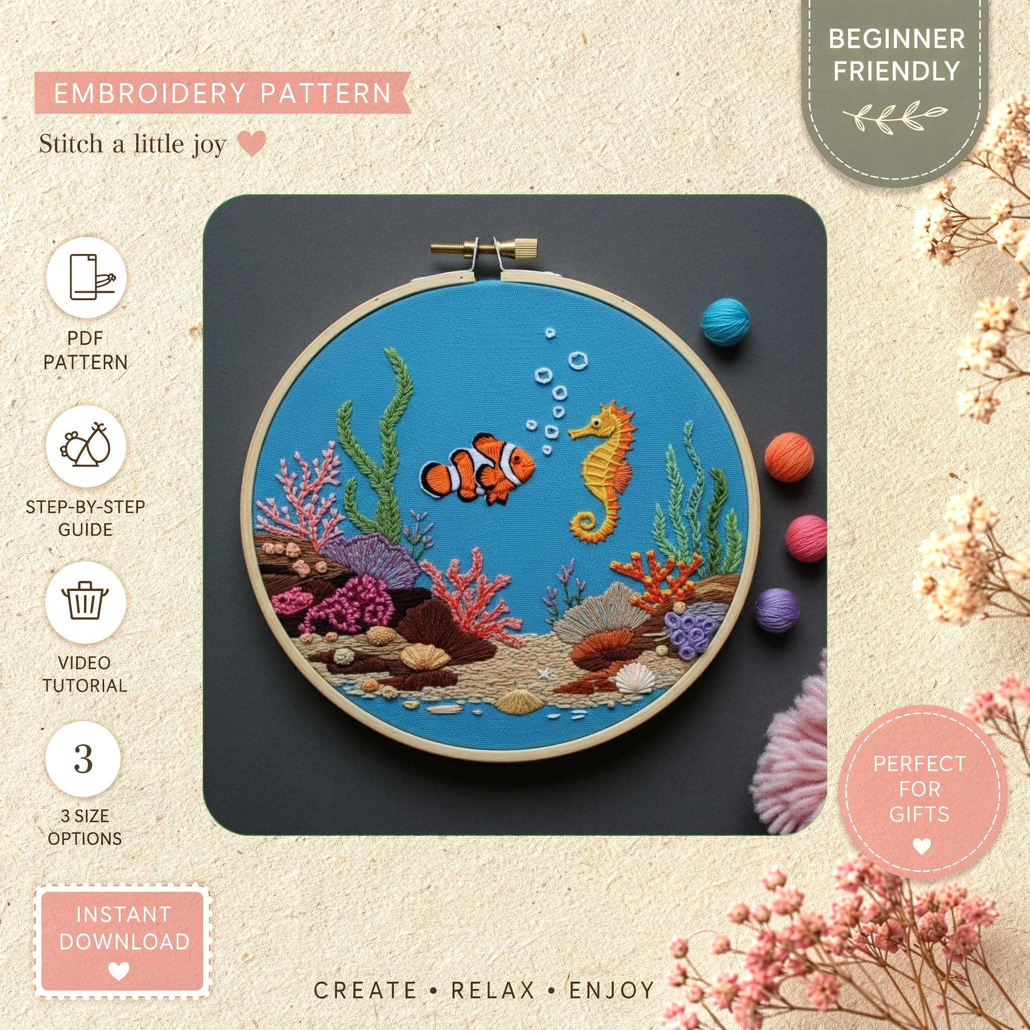 Main preview of seahorse bubbles fish seaweed hand embroidery pattern showing fish, seahorse, ocean, and beach in a hand stitched hoop art design