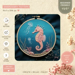 Main preview of seahorse fish underwater adorable hand embroidery pattern showing fish, seahorse, ocean, sea, and underwater in a hand stitched hoop art design