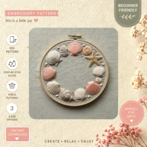 Main preview of seaside floral coral shells hand embroidery pattern showing flower, floral, bouquet, nature, and coral in a hand stitched hoop art design